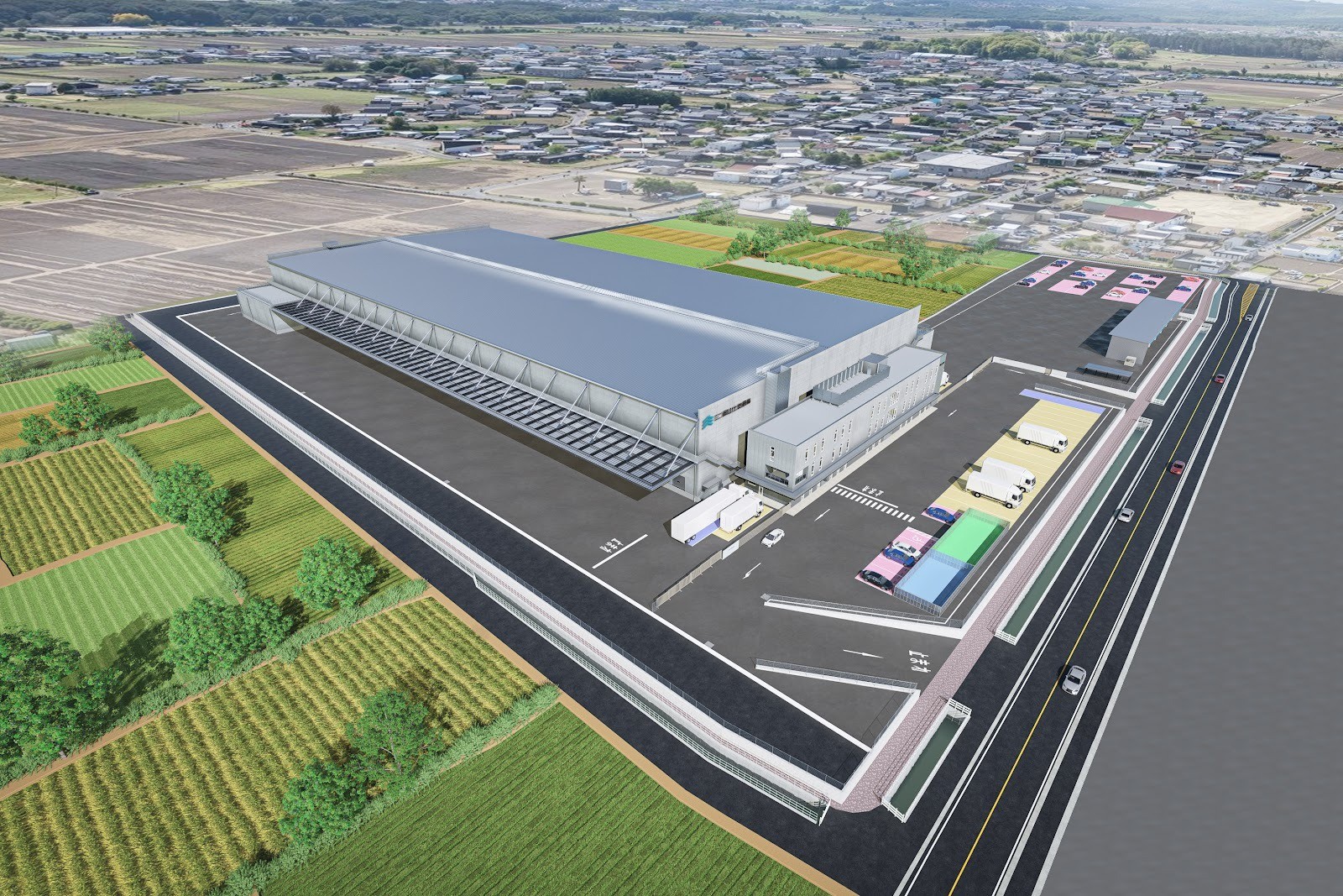 倉庫3棟合わせた総延べ床面積は6万2180平方㍍（完成予想図）